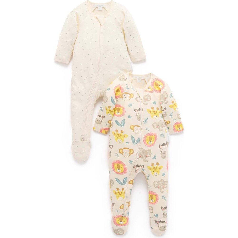 Purebaby 2 Pack Printed Zip Footie Savanna Friends Print Footie Pajamas